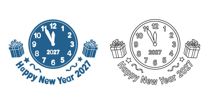 Happy new year 2027 blue and outline clock with gift boxes vector stamp or emblem design on transparent background.
