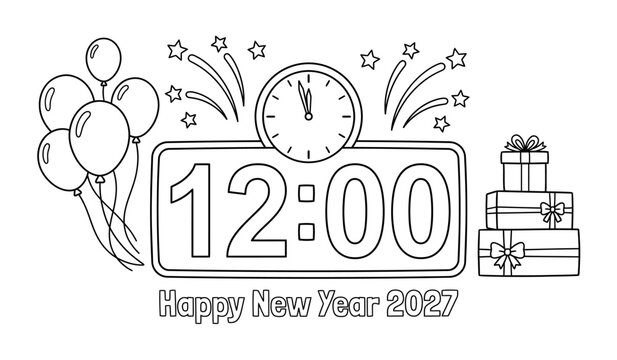 Happy new year 2027 line art with digital clock 12:00, balloons, gift boxes, fireworks, and stars on transparent background.