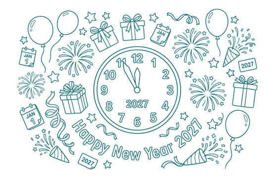 Happy new year 2027 line art drawing with clock, gift boxes, balloons, fireworks, and confetti poppers on transparent background.