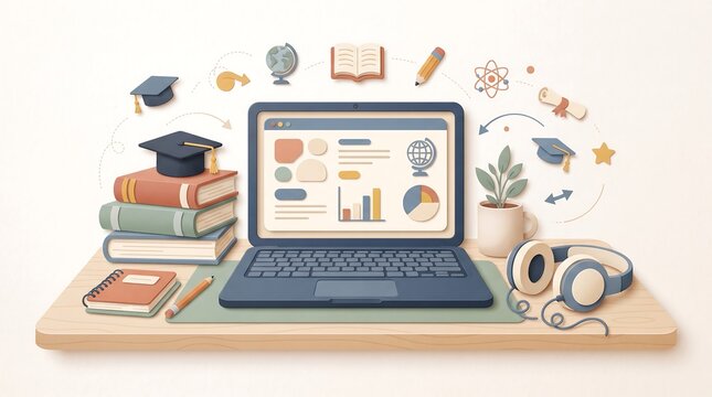 Digital Learning and Online Education Papercut Illustration with Laptop, Books and Graduation Elements
