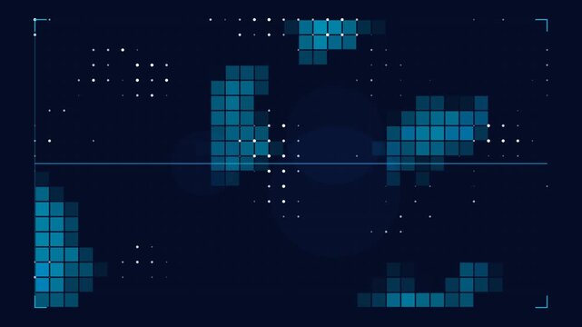 Abstract blue digital pixel grid and hud map animation background, for technology and, data projects