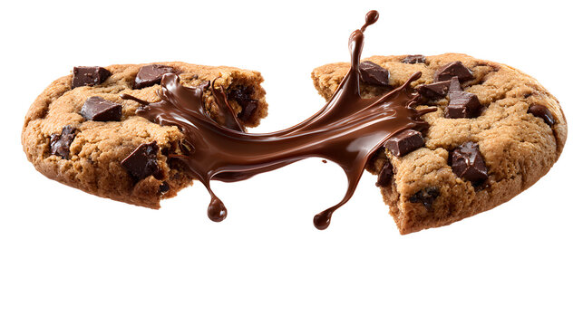 Chocolate chip cookie broken in half with chocolate splash