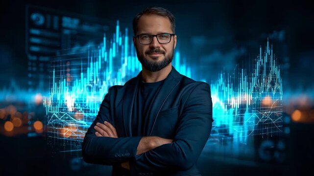 Business Leader Standing Before Financial Data Wall
