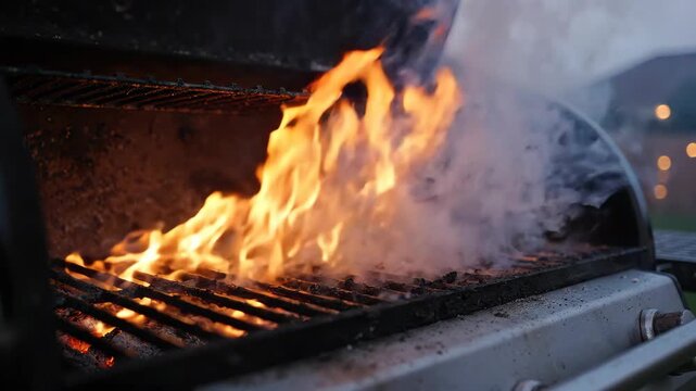 Vibrant flames and smoke fill a hot BBQ grill, ready for outdoor cooking.