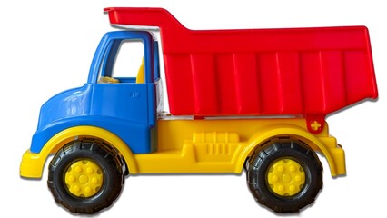 Toy construction dump truck on clean white studio background, plastic play vehicle for boys. © Анна Трегубова