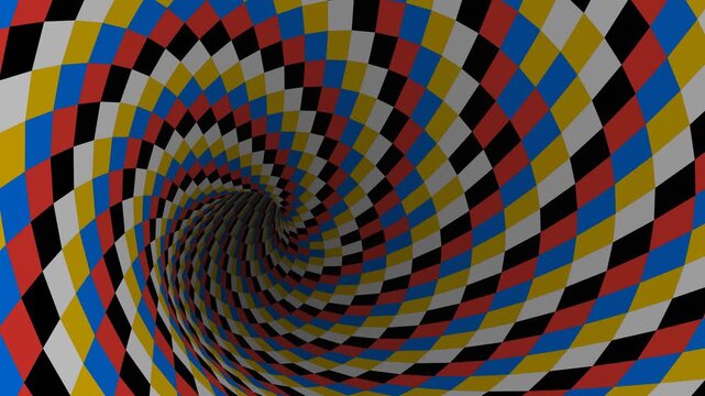Dynamic 3D checkerboard vortex tunnel loop: hypnotic abstract optical illusion background