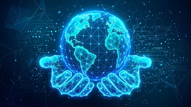 Futuristic blue holographic globe cradled by digital wireframe hands symbolizing global connectivity and protection