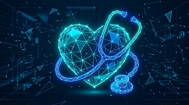 Abstract Digital Heart and Stethoscope Representing Modern Medical Technology, Connected Healthcare Systems, and Future Health Innovation
