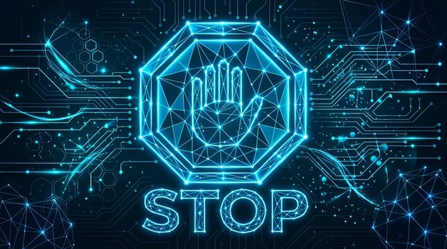 Digital stop cyber security concept with glowing hand and circuitry background for internet safety