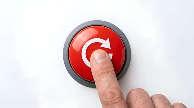Close up of a human finger pressing a red circular button with a white reload arrow icon for system reset and refresh concept
