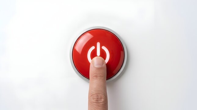 Close up of a human finger pressing a round red power button with a white symbol on a white surface for start stop or emergency control