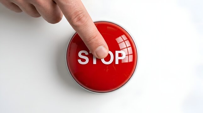 A finger pressing a big red button with the word stop written on it, isolated on a white background, representing crisis and warning management