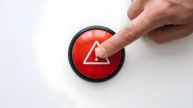 Finger pressing a red panic button with an exclamation mark warning symbol for emergency or danger