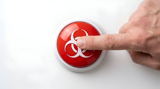 Finger pressing a red hazard button with a biohazard symbol indicating biological threat, epidemic emergency, or laboratory danger