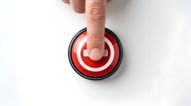 Finger pressing a round red button with a minus sign on a white background, concept of subtraction or cancellation