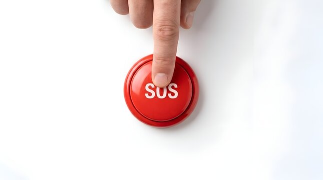 Close up of a person's hand pressing a red SOS emergency button for rescue isolated on white background
