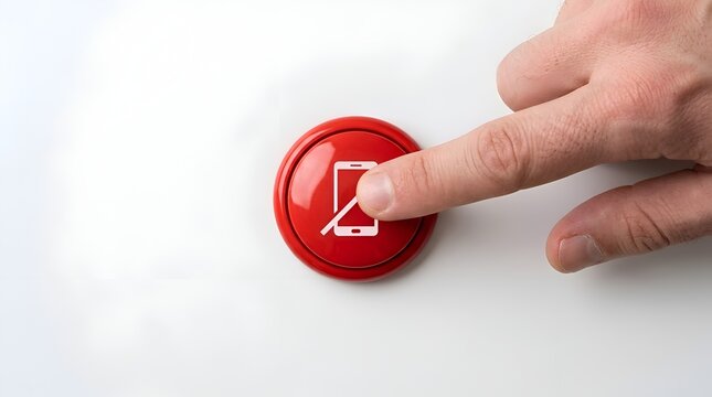 Hand pressing a vibrant red button with a 'no smartphone' symbol, emphasizing the importance of digital disconnection for focus and present moment awareness and well-being