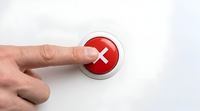 Hand pressing a prominent red button marked with a white 'X' symbol, universally representing an error, cancellation, rejection, or a decisive stop command in a clean, isolated studio setting