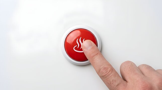 Close-up of a human finger activating a prominent red push button adorned with a white hot spring icon, symbolizing comfort, spa, warmth, or a relaxing bath experience