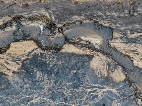 Aerial view of a muddy landscape with intricate water channels, sandy deposits, and scattered autumn leaves in Latvia.