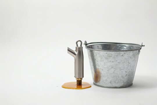 Maple syrup spile and galvanised collection bucket for tapping trees