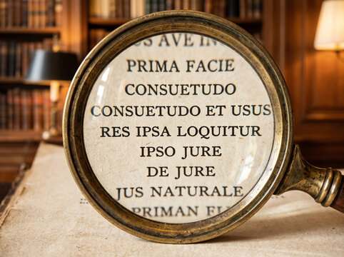 Vintage magnifying lens highlighting Latin legal maxims inside aged book against wooden library background.