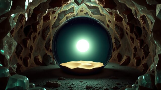 Dark cave interior reveals glowing portal. Sandy ground visible within circular opening. Crystals surround tunnel walls. Mysterious, dramatic scene.