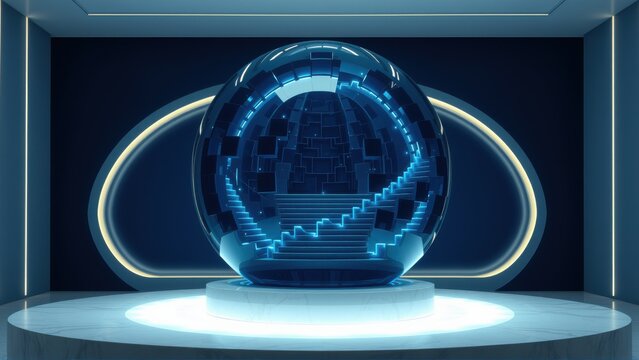 Futuristic sphere sits center stage. Blue light illuminates complex internal structure, stairs ascend within glass shell. Minimalist setting.