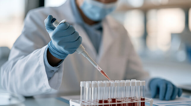 Young female scientist in laboratory pipetting blood serum samples for radioallergosorbent RAST testing panel, immunoglobulin E antibody analysis, clinical immunology research