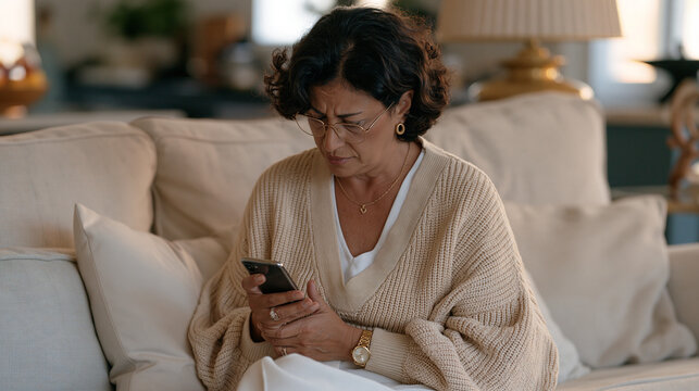 Armenian woman in her fifties clutching a phone and struggling to read the screen with squinting eyes and a furrowed brow, vision deterioration symptom, presbyopia onset, age