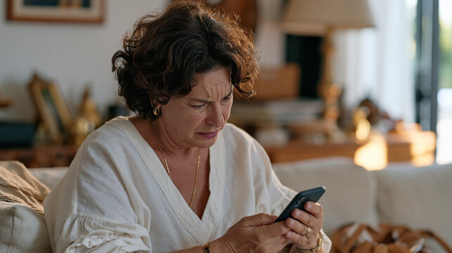 Armenian woman in her fifties clutching a phone and struggling to read the screen with squinting eyes and a furrowed brow, vision deterioration symptom, presbyopia onset, age