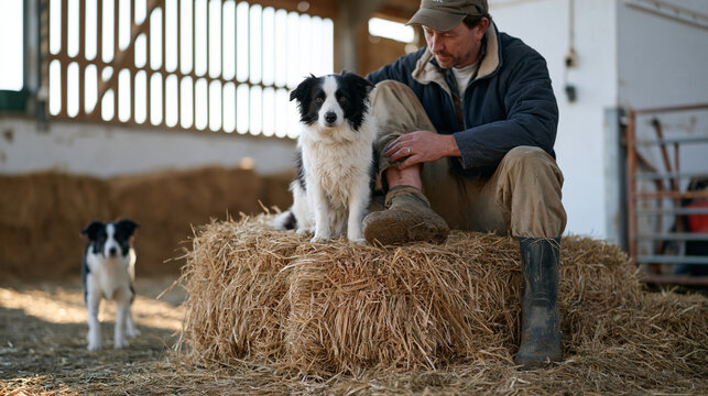 Scottish farmer in muddy boots sitting on a hay bale scratching his ankle above the boot line where dried grass had worked its way inside, late afternoon barn light streaming
