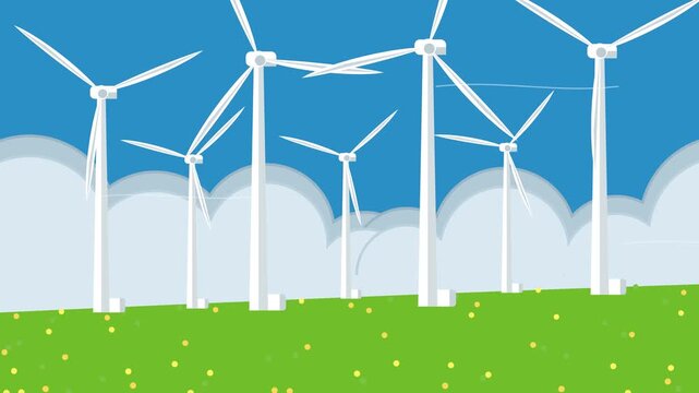 Flat 2D animation of wind turbines spinning in a green field 4K 60fps looping video fit for renewable energy educational content, environmental awareness campaigns, and green tech promos.