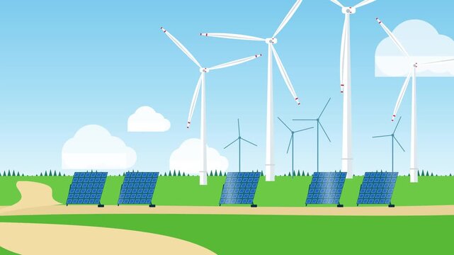 Flat design animation of wind turbines and solar panels in a green field. 4K 60fps 2D motion graphic fit for renewable energy presentations and sustainability educational videos.