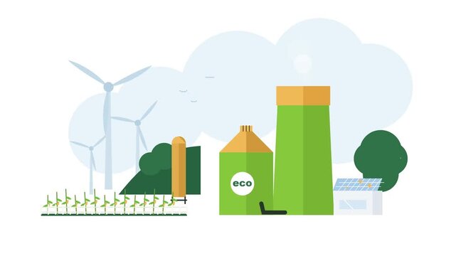 Green renewable energy factory with wind turbines and solar panels 4K 60fps animation fit for corporate sustainability reports, clean energy promos, and environmental education.