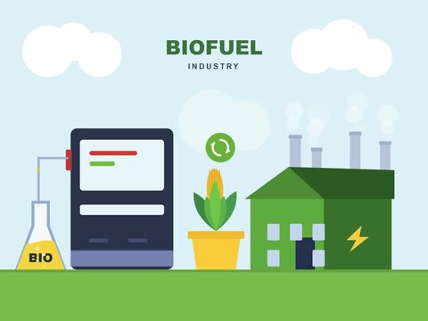 Animated flat illustration of a green biofuel factory with corn and lab equipment, 4K 60fps animation fit for renewable energy presentations and green business marketing.