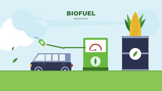 Flat vector animation of a car refueling with corn bio-ethanol at a green gas pump. 4K 60fps video fit for renewable energy educational content and environmental sustainability campaigns.