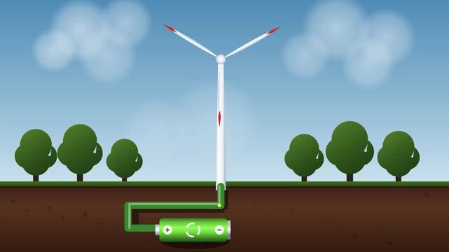 Wind Turbine Animation Charging Batteries in Green Landscape 4K UHD 60fps Video fit for renewable energy educational content, environmental sustainability promos and green tech presentations.