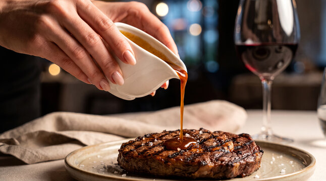 Pouring rich glossy demi glace sauce over seared beef ribeye steak on ceramic plate