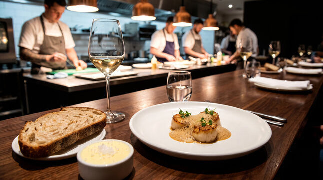 Tasting menu course with seared scallops craft butter and sourdough at chef table