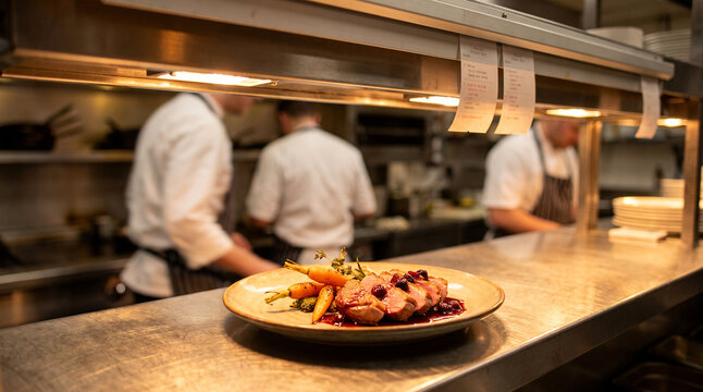 Chef placing roasted duck breast on restaurant pass shelf under warm heat lamp