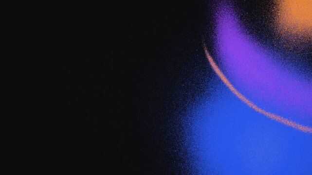 Grainy airbrush gradient glow on black background, blue, purple and orange spray paint clouds with a thin sprayed arc and copy space, seamless loop