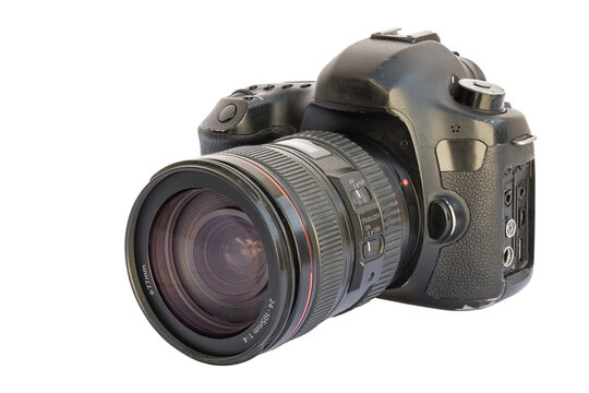 Digital SLR Camera with Zoom Lens Isolated on White Background