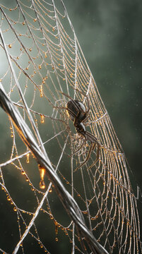 Glossy obsidian spider crouches on glowing golden web in eerie Halloween night