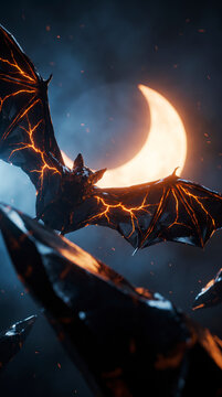 Molten glass bat soars past glowing crescent moon on Halloween night sky