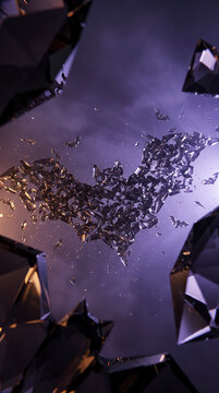 Shattered crystal shards form ghostly bat silhouette in purple Halloween sky