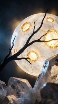 Cracked marble moon glows gold behind bare branch on eerie Halloween night sky