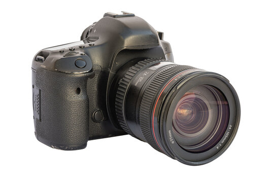 Digital SLR Camera with Telephoto Zoom Lens Isolated on White