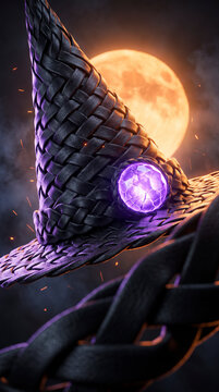 Woven leather witch hat holds glowing purple crystal under full Halloween moon