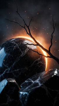 Dark marble orb glows gold behind twisted branches under eerie Halloween night sky
